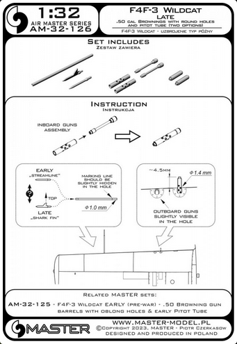 F4F-3 Wildcat LATE - .50 Browning gun barrels w/round holes & Pitot (two options) - MASTER MODEL AM-32-126