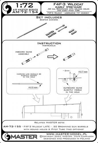 F4F-3 Wildcat EARLY (pre-war) - .50 Browning gun barrels w/oblong holes & early Pitot - MASTER MODEL AM-72-154