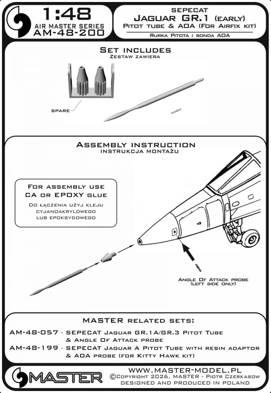 SEPECAT Jaguar GR.1 (early) - Pitot Tube w/resin adaptor & Angle Of Attack probe (for Airfix) - MASTER MODEL AM-48-200