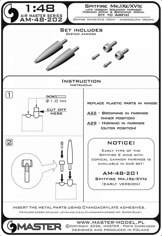 Spitfire Mk.IXe/XVIe late version (rounded fairings) - Hispano 20mm & Browning .50cal in fairings (fit to Airfix) - MASTER MODEL AM-48-202