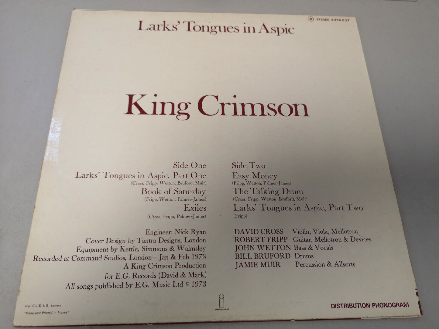 King Crimson "Lark's Tongues in Aspic" Orig France 1973 VG+/VG+