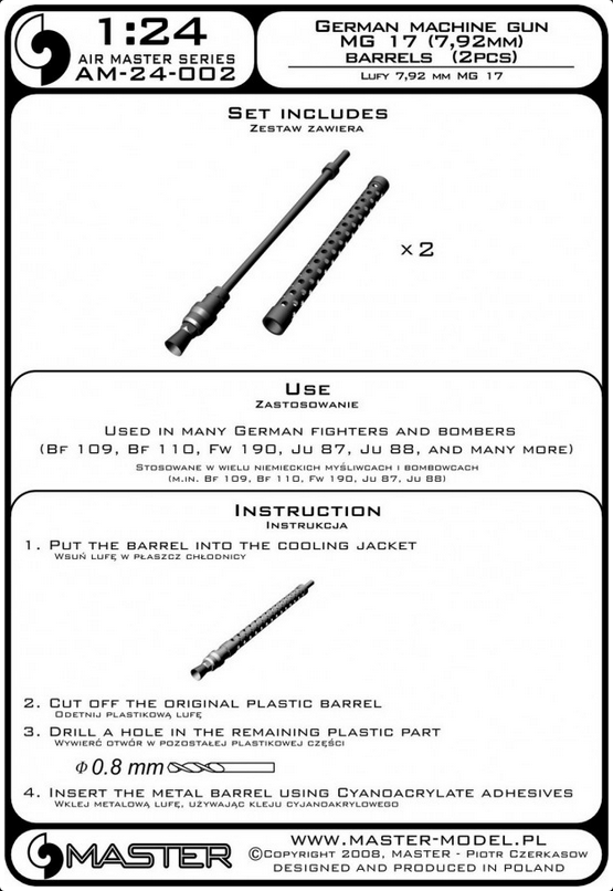 German Aircraft Machine Gun MG 17 barrels (2pcs) - Pitot Tube - MASTER MODEL 24-002