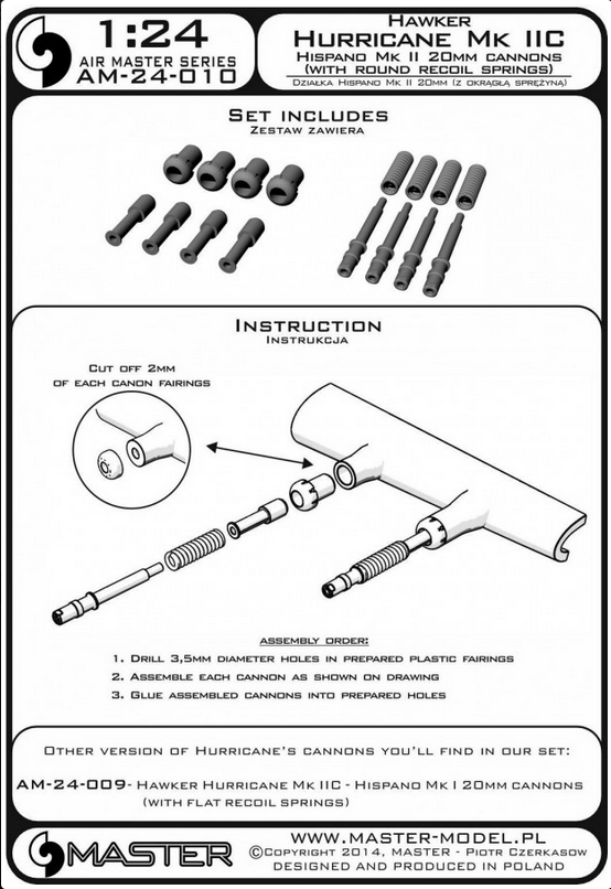 Hawker Hurricane Mk IIC - Hispano Mk II 20mm cannons (with round recoil springs) - Pitot Tube - MASTER MODEL 24-010