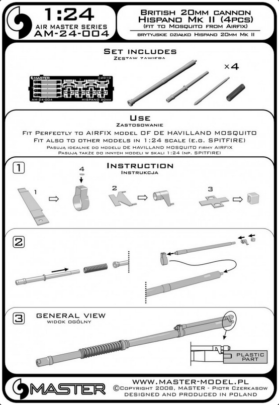 Hispano Mk II 20mm cannon (4pcs) - fit perfectly to Mosquito from Airfix - Pitot Tube - MASTER MODEL 24-004