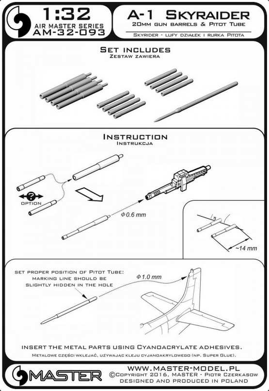 A-1 SKYRAIDER 20mm Gun Barrels & Pitot Tube - MASTER MODEL 32-093