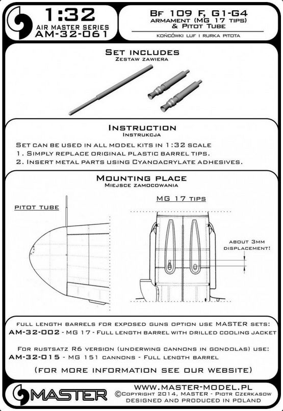 Bf 109 F, G1-G4 Armament set (MG 17 tips) & Pitot Tube - MASTER MODEL 32-061