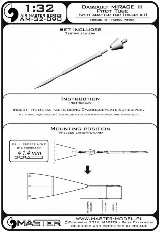 Dassault Mirage III Pitot Tube (with adapter for italeri kit) - MASTER MODEL 32-090