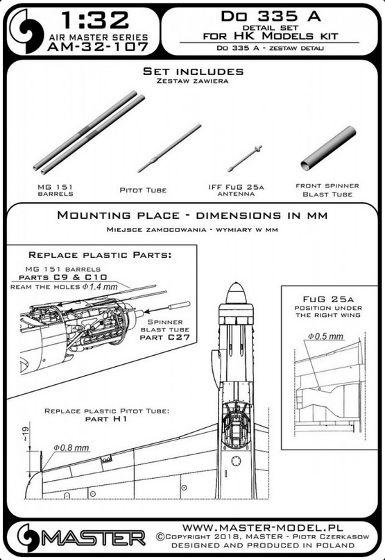 Do 335 A - detail set - MG 151, FuG 25a antenna, Pitot Tube (for HK Models) - MASTER MODEL 32-107