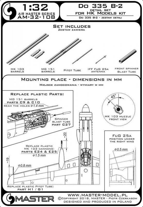Do 335 B-2 - detail set - MG 151, MK-103 tips, FuG 25a antenna, Pitot Tube (for HK Models) - MASTER MODEL 32-108