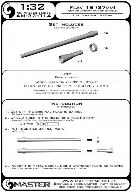 Flak 18 (37mm) German Aircraft Cannon Barrels (2pcs) (Ju87G, BF110, Me410, Ju88) - MASTER MODEL 32-014