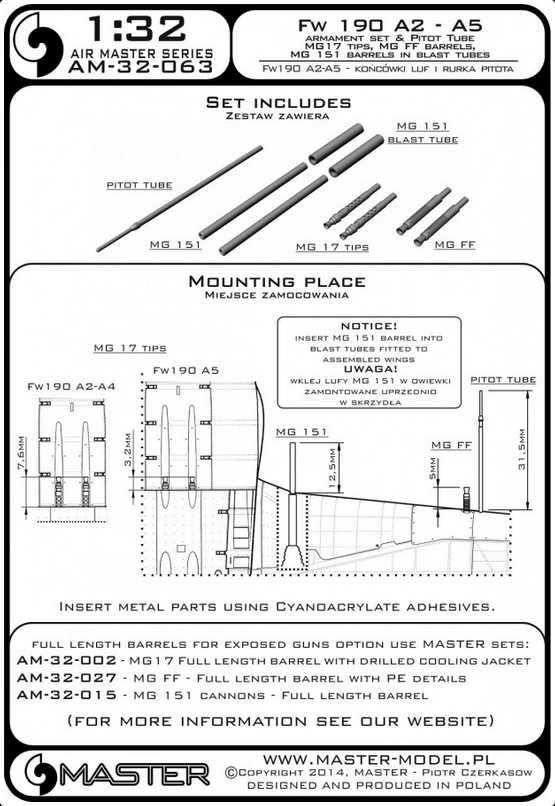 Fw 190 A2 - A5 Armament Set (MG 17 barrel tip, MG FF barrels, MG 151 barrels in fairings) & Pitot Tube - MASTER MODEL 32-063