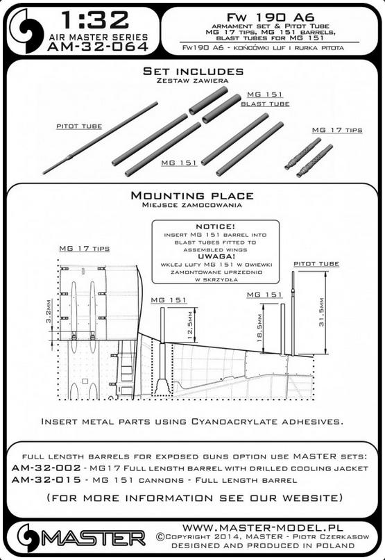 Fw 190 A6 armament set (MG 17 barrel tips, MG 151 barrels, MG 151 fairings) & Pitot Tube - MASTER MODEL 32-064