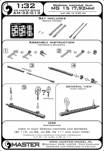 German Machine Gun MG 15 (7,92mm) Barrels & Etched Sights (2pcs) - MASTER MODEL 32-013