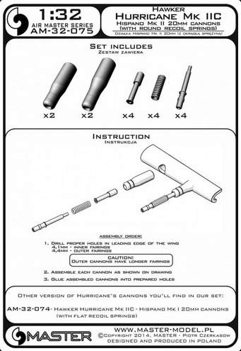 Hawker Hurricane Mk IIC - Hispano Mk II 20mm cannons (with round recoil springs) - MASTER MODEL 32-075