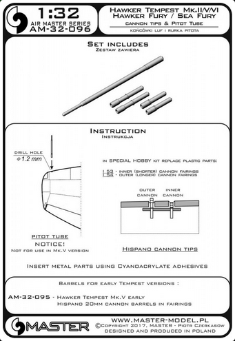 Hawker Tempest Mk.II/V/VI and Hawker Fury/Sea Fury - Hispano Mk.V cannon barrel tips and Pitot Tube - MASTER MODEL 32-096