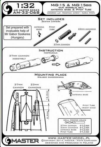 MiG-15bis-gun barrels set, antenna base & Pitot Tube - MASTER MODEL 32-068