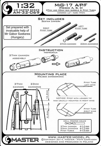 MiG-17A/P/F (Fresco A, B, C) - 37mm and 23mm gun barrels set & Pitot Tubes - MASTER MODEL 32-069