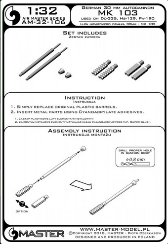 MK 103 - German 30 mm autocannon - used on Do-335, Hs-129 and other - MASTER MODEL 32-106