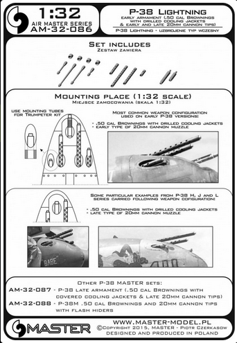 P-38 Lightning - early armament (.50 cal Brownings with drilled cooling jackets & early and late 20mm cannon tips) - MASTER MODEL 32-086