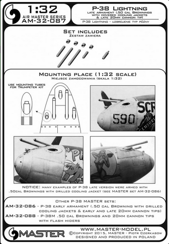 P-38 Lightning - late armament (.50 cal Brownings with covered cooling jackets & late 20mm cannon tips) - MASTER MODEL 32-087