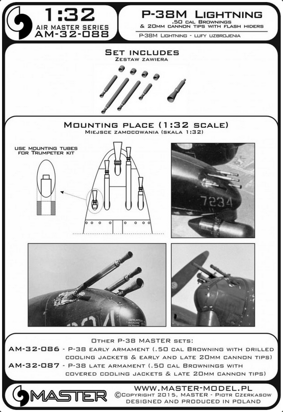 P-38M Lightning - .50 cal Brownings and 20mm cannon tips with flash hiders - MASTER MODEL 32-088