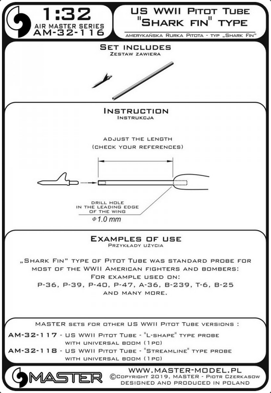 US WWII Pitot Tube - "Shark-fin" type probe (1 pc) - used on P-36, P-39, P-40, P-47, A-36, B-239, T-6, B-25 and many more - MASTER MODEL 32-116
