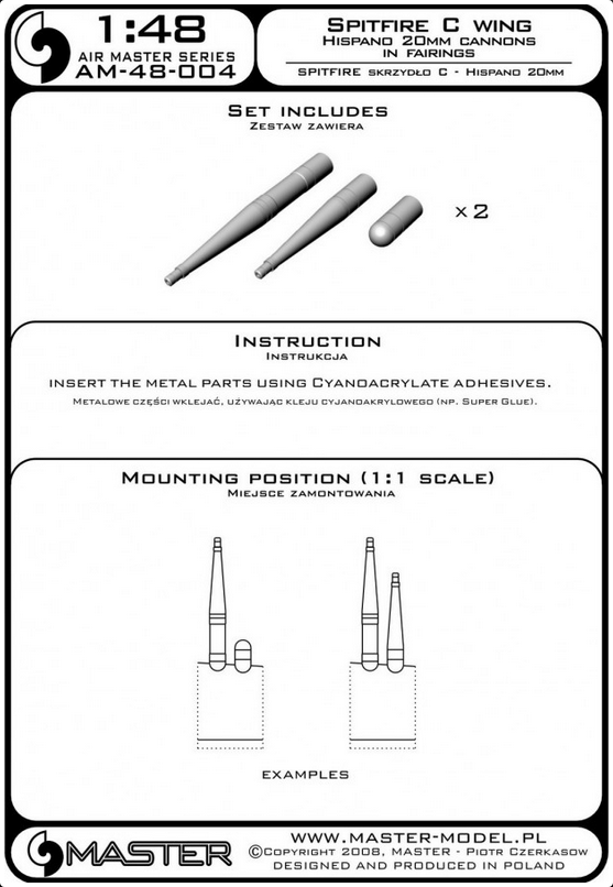 Spitfire C Wing Hispand 20mm Cannons in Fairings - MASTER MODEL 48-004