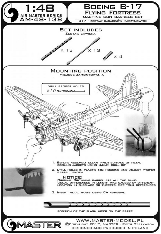 Boeing B-17 Flying Fortress - machine gun set - Browning M2 aircraft .50 caliber barrels with flash hiders - MASTER MODEL 48-138