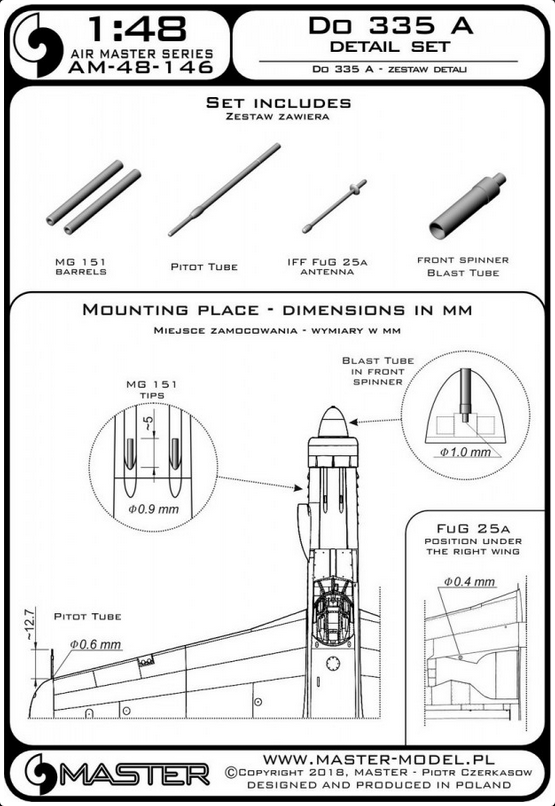 Do 335 A - detail set - MG 151, FuG 25a antenna, Pitot Tube - MASTER MODEL 48-146