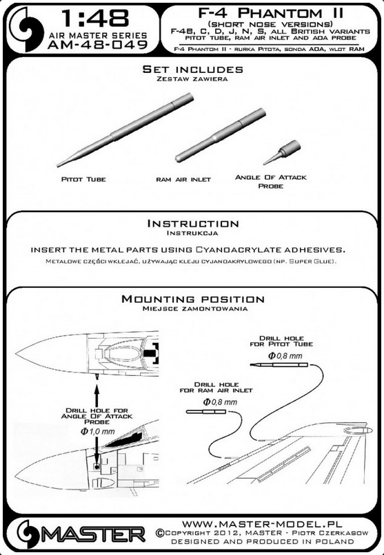 F-4 Phamtom II (Short Nose Versions) F-4B,C,D,J,N,S,All British Variants - Pitot Tube, Ram Air Inlet & ADA Probe - MASTER MODEL 48-049