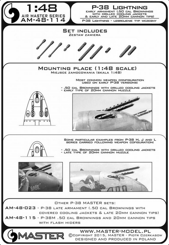 P-38 Lightning - early armament (.50 cal Brownings with drilled cooling jackets & early and late 20mm cannon tips) - MASTER MODEL 48-114
