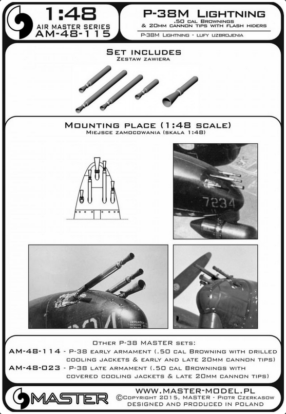 P-38M Lightning - .50 cal Brownings and 20mm cannon tips with flash hiders - MASTER MODEL 48-115