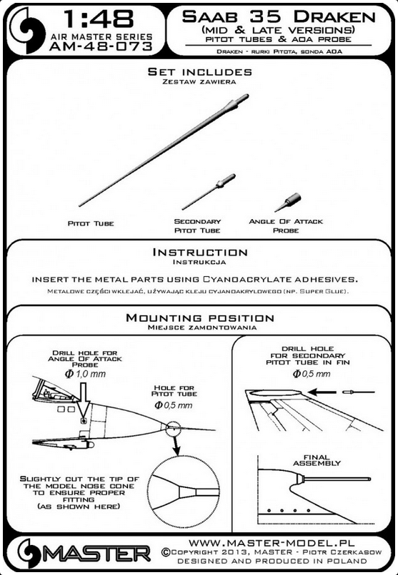 SAAB35 Draken (Mid & Late Versions) Pitot Tubes & ADA Probe - MASTER MODEL 48-073