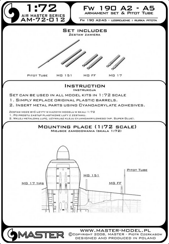 Fw 190 A2 - A5 Armament Set & Pitot Tube MG17, MG FF, MG151 Barrel Tips - MASTER MODEL 72-012