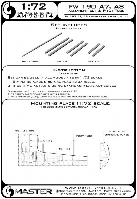 Fw 190 A7, A8 Armament Set & Pitot Tube MG131, MG151 Barrel Tips - MASTER MODEL 72-014