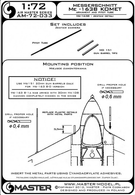 Messerschmitt Me-163B Komet Armament & Pitot Tube - MASTER MODEL 72-033