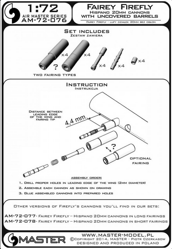 Fairey Firefly - Hispano 20mm cannons with uncovered barrels - MASTER MODEL 72-076