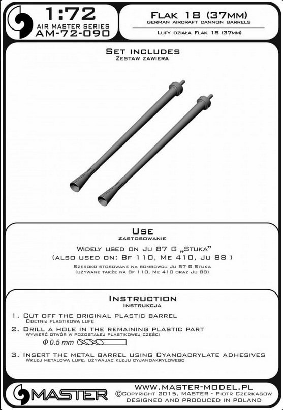 German aircraft cannon 3,7cm Flak 18 gun barrels (used on Ju-87G and other) (2pcs) - MASTER MODEL 72-090