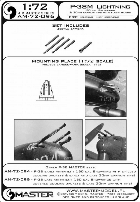 P-38M Lightning - .50 cal Brownings and 20mm cannon tips with flash hiders - MASTER MODEL 72-096