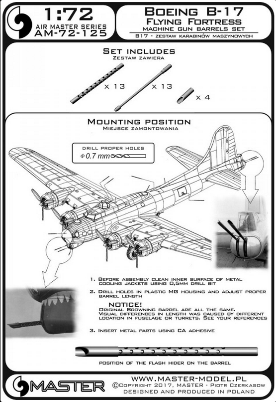 Boeing B-17 Flying Fortress - machine gun set - Browning M2 aircraft .50 caliber barrels with flash hiders - MASTER MODEL 72-125