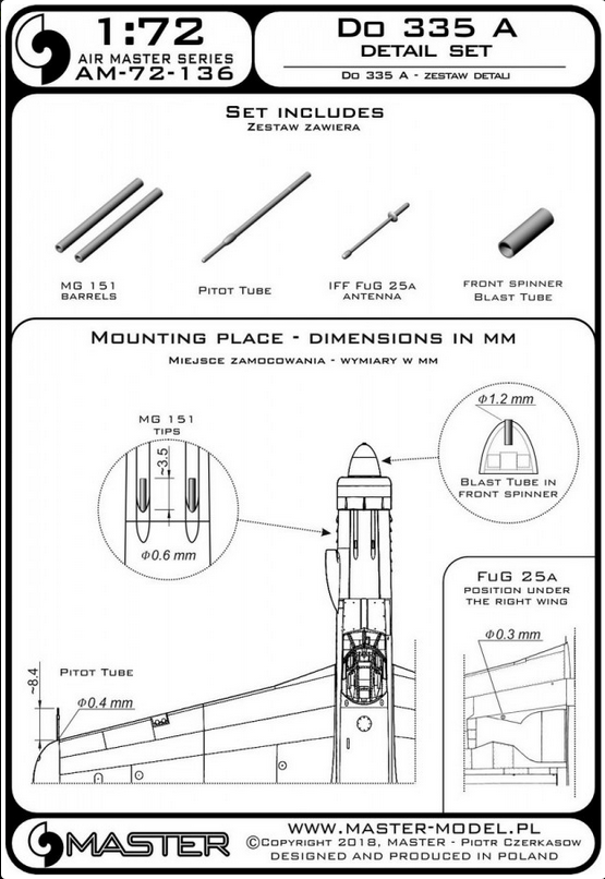 Do 335 A - detail set - MG 151, FuG 25a antenna, Pitot Tube - MASTER MODEL 72-136