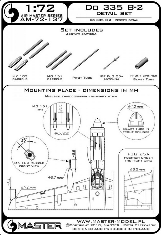 Do 335 B-2 - detail set - MG 151, MK-103 tips, FuG 25a antenna, Pitot Tube - MASTER MODEL 72-137