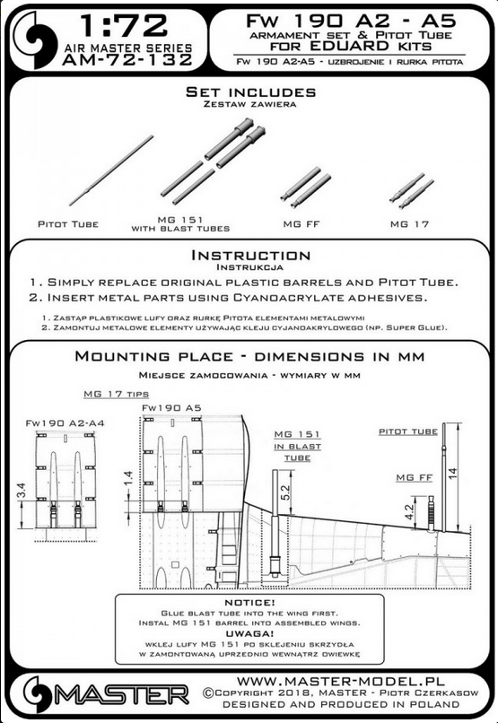 Fw 190 A2 – A5 armament set (MG 17, MG FF, MG 151 barrel tips) & Pitot Tube (for Eduard kit) - MASTER MODEL 72-132