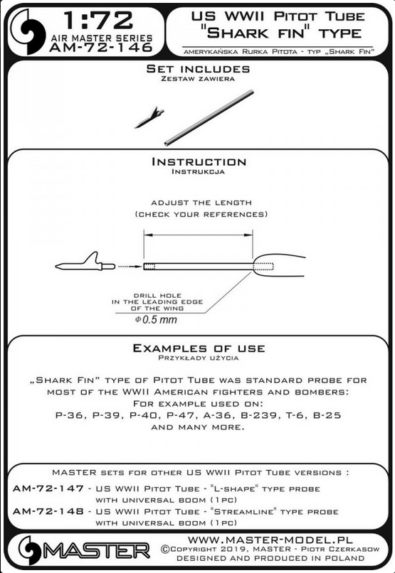 US WWII Pitot Tube - "Shark-fin" type probe (1 pc) - used on P-36, P-39, P-40, P-47, A-36, B-239, T-6, B-25 and many more - MASTER MODEL 72-146