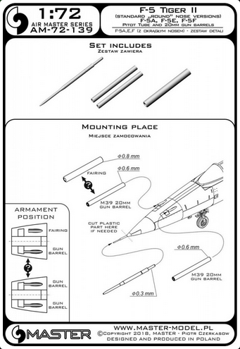 F-5 Tiger II "Freedom Fighter" (standard nose vers.) - F-5A, E, F - Pitot Tube & 20mm gun barrels - MASTER MODEL 72-139