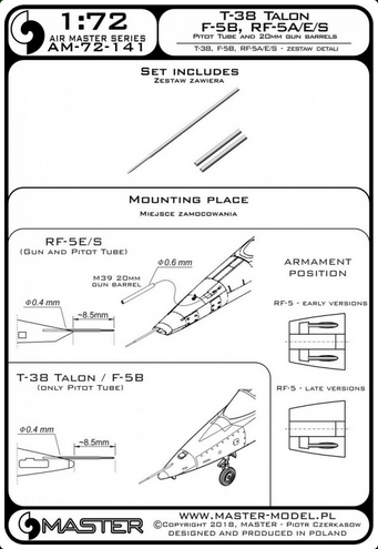 T-38 Talon / F-5B / RF-5A, E, S - Pitot Tube & 20mm gun barrels - MASTER MODEL 72-141