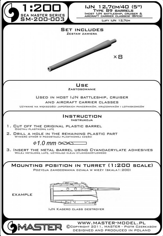 IJN 12.7cm/40 (5in) Type 89 barrels (8pcs) - MASTER MODEL SM-200-003
