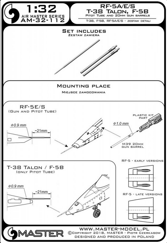 T-38 Talon / F-5B / RF-5A, E, S - Pitot Tube and 20mm gun barrels - MASTER MODEL AM-32-112