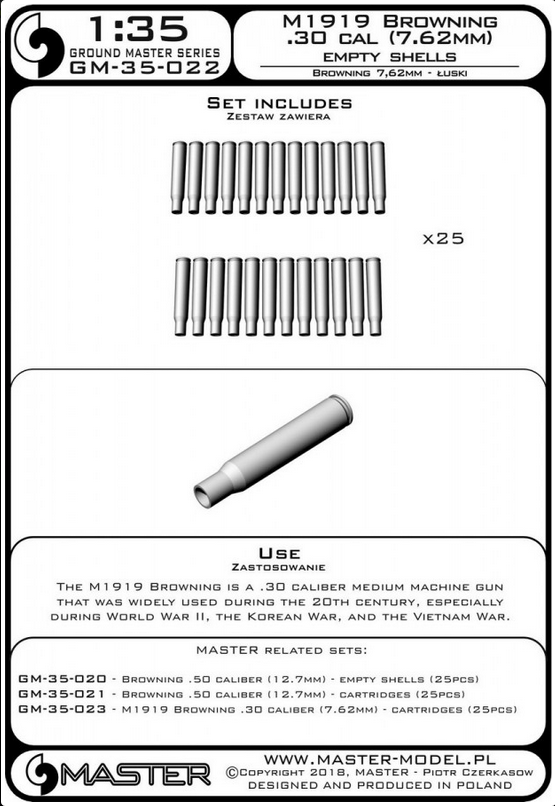 M1919 Browning .30 caliber (7.62mm) - empty shells (25pcs) - MASTER MODEL GM-35-022