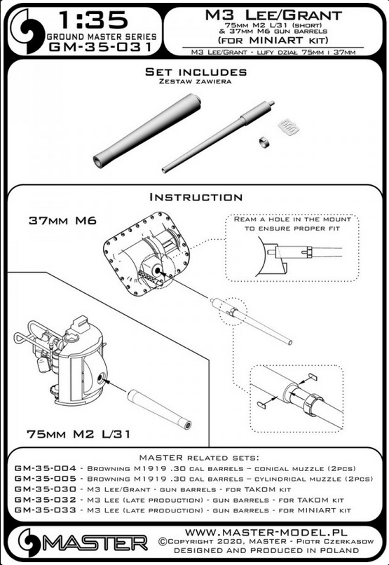 M3 Lee/Grant - 75mm M2 L/31 (short) & 37mm M6 gun barrels (for MiniArt kit) - MASTER MODEL GM-35-031